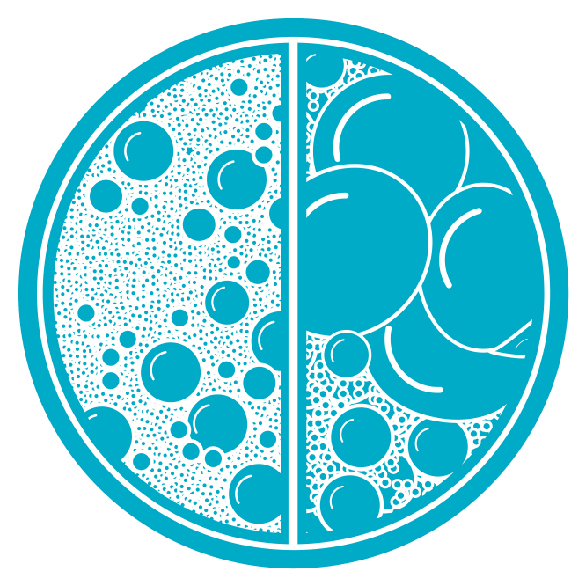 Icon showing compact foaming edel+white toothpastes versus large bubbles or a regular toothpaste