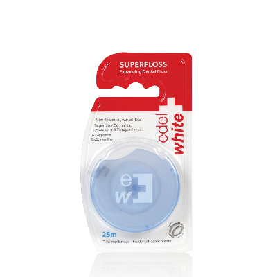 edel+white Expanding Superfloss dental floss in packaging